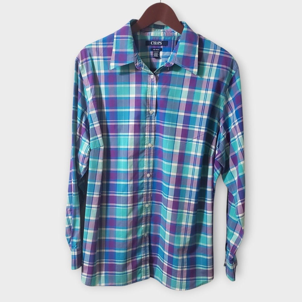 Chaps Womens 2X Button Up Shirt No Iron Plaid Teal Purple Long Sleeve Blouse